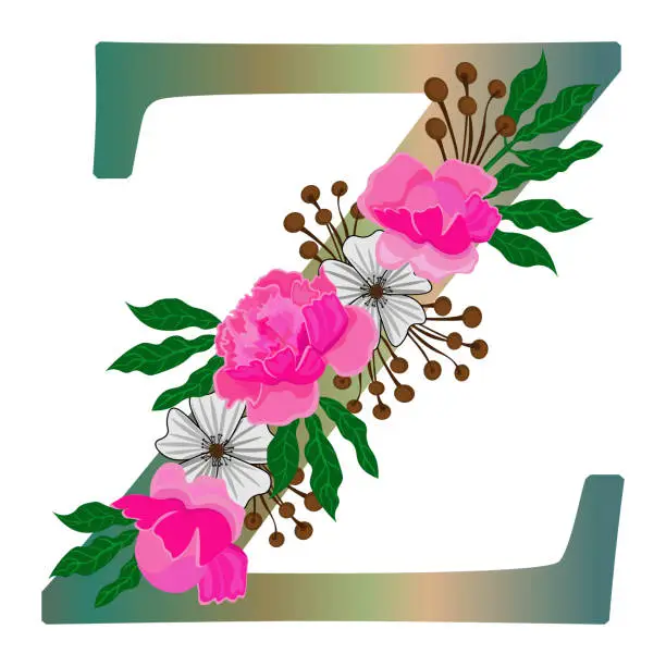 Vector illustration of Letter Z with flowers, isolated on white background.