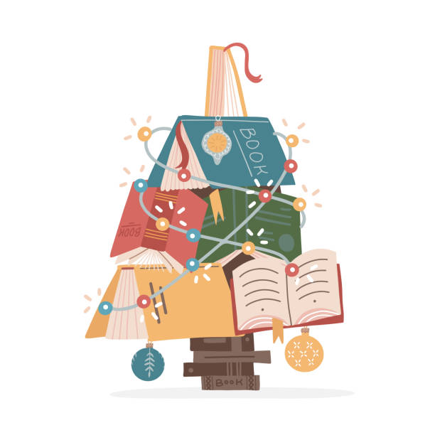 Christmas tree made of colorful books and xmas balls and garland. Cute bright design of books. Home library or bookstore decoration. Flat vector illustration. Christmas tree made of colorful books and xmas balls and garland. Cute bright design of books. Home library or bookstore decoration. Flat vector illustration bookstore book library store stock illustrations