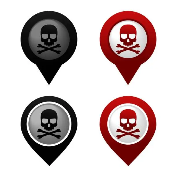Vector illustration of Set of danger area pinpoint sign. Skull, crossbones. Dangerous location.