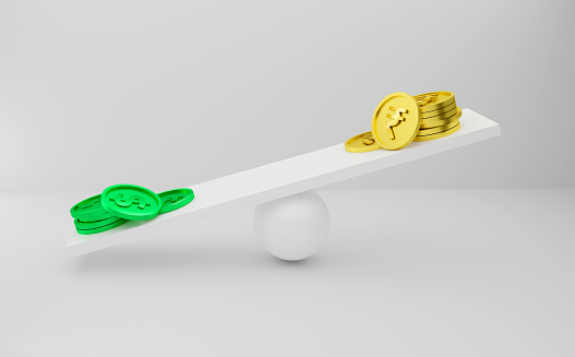 Indian Rupee and Dollar Coins - Falling value of  the Indian Rupee Concept 3D Illustration