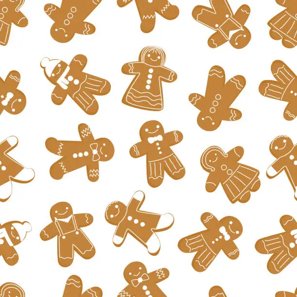 Vector illustration of seamless christmas pattern gingerbread man cookies. New Year. Traditional peppery brown gingerbread. Sugar sweets pattern. Stock vector flat cartoon illustration isolated on white background.