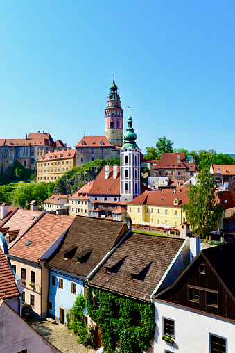 Cesky Krumlov, Czechia - Oct 3, 2019: Dairy Building at Cesky Krumlov Castle and Upper Castle Entrance - Cesky Krumlov, Czech Republic