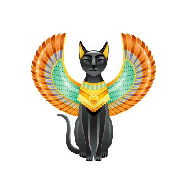 Vector illustration of Egyptian Cat. Bastet goddess. Black cat with scarab wings and gold necklace. Satuette from ancient Egypt art. Cartoon 3d icon for logo design. Old style vector illustration isolated white background