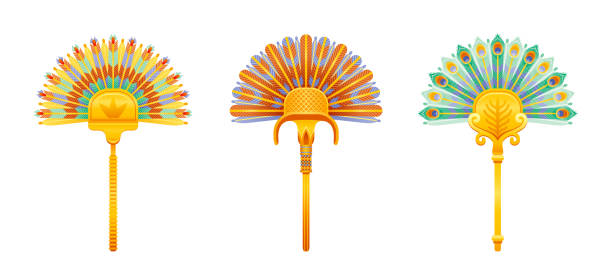 ilustrações de stock, clip art, desenhos animados e ícones de egyptian fan illustration. pharaoh feather fan. ancient art vector icon. goddess isis or queen cleopatra artifact. sun and lotus, feather historical design. old 3d antique egypt icon set - panoramic illustration and painting antique old fashioned