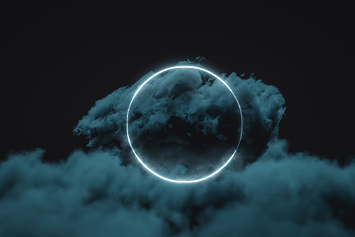 3d rendering of neon circle shape above fluffy clouds