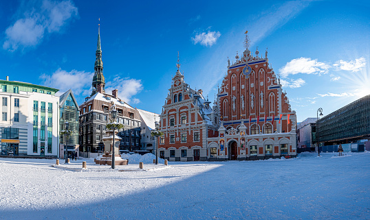Town hall square during sunny winter snowy day in Riga, Latvia