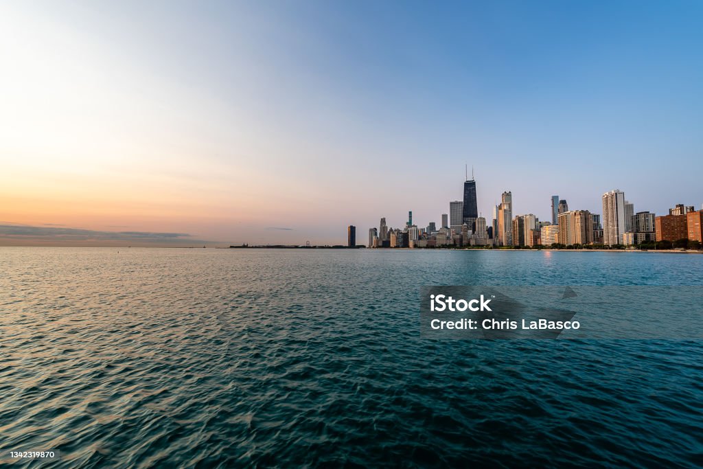 The Chicago Skyline at Sunrise The skyline of Chicago from Fullerton and North Avenue Beach Chicago - Illinois Stock Photo