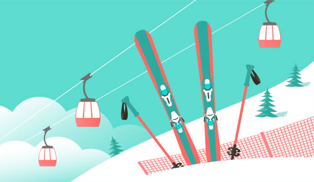 Illustration ski winter resort with cable car Ski winter resort. Mountain skiing on the top of the mountain. Cable car. Vector cartoon illustration banner ski resort stock illustrations