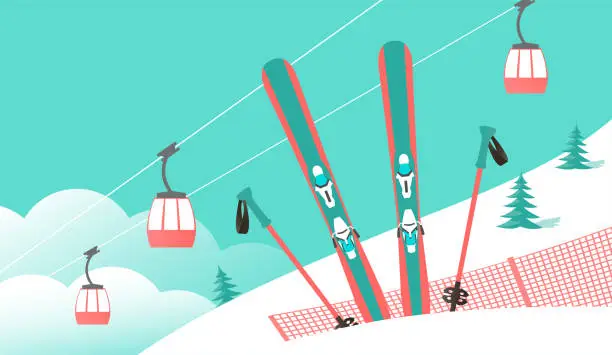 Vector illustration of Illustration ski winter resort with cable car
