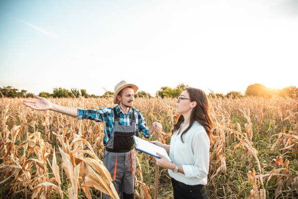 istock Farmer and business woman talking in corn field 1342321168