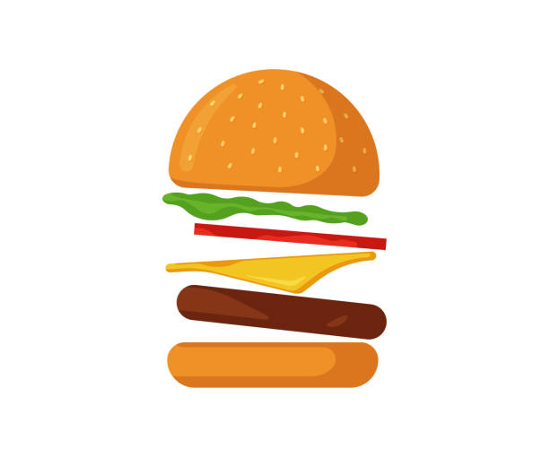 latający burger fast food izolowana ikona. rozrzucony hamburger z pomidorem, kokardką, zieleniną, soczystym smażonym kotletem wołowym, plasterkiem sera w prażonej bułce z sosem. cheeseburger płaska ilustracja wektorowa - burger hamburger cheeseburger fast food stock illustrations