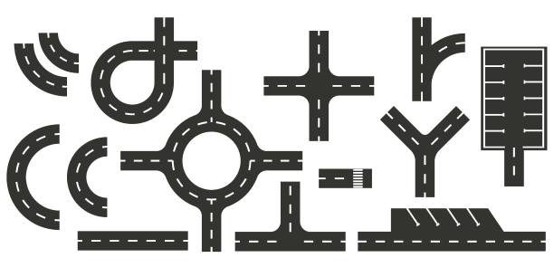 Mobile Top view of Road Map Design Element. Vector set elements. Part of road highway, road junctions, crossroad for traffic. Road plan, city map. Top view. Race game. cityscape clipart stock illustrations