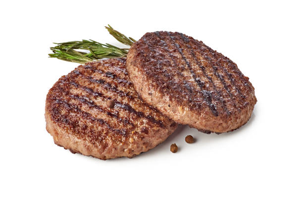istock Grilled beef patties on white background 1342329867