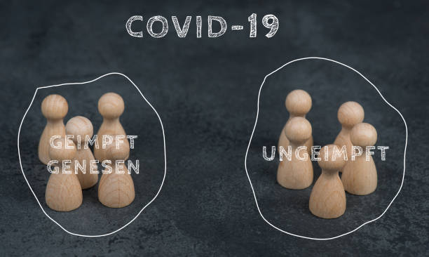 istock Two groups are standing in drawn circles,vaccinatedand unvaccinated against covid-19, german language 1342330201