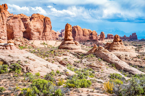 Rock formations in Arches National Park, Utah, USA on a sunny day.