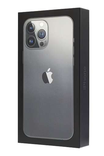 Ljubljana, Slovenia - September 24, 2021. An Apple iPhone 13 Pro Max smart phone package box. Graphite color version with 512 GB memory, isolated on white background. Clipping path included. HiRes photo taken by Canon R5.