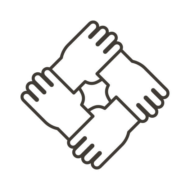 illustrations, cliparts, dessins animés et icônes de design d’icône stylisé avec 4 mains qui se tiennent ensemble. ligne mince minimale illustration pour différents concepts tels que le travail d’équipe, la communauté, l’unité, l’égalité, le bénévolat et le partenariat - quatre personnes