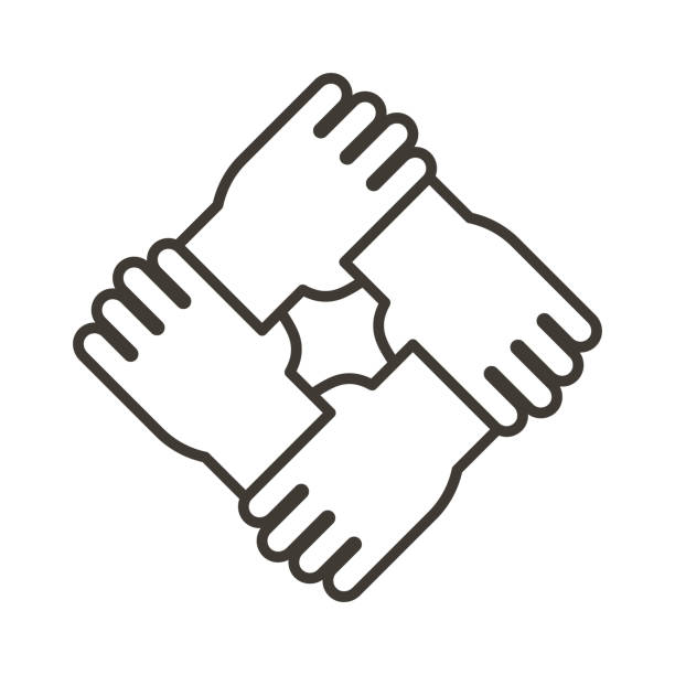 ilustrações de stock, clip art, desenhos animados e ícones de stylized icon design with 4 hands holding together. thin line minimal illustration for different concepts like teamwork, community, unity, equality, volunteering and partnership - four people illustrations