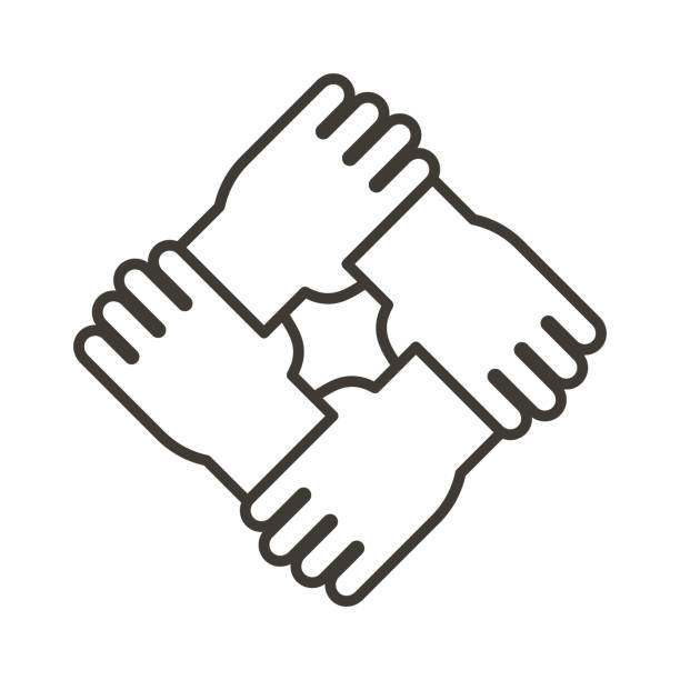 Stylized icon design with 4 hands holding together. Thin line minimal Illustration for different concepts like teamwork, community, unity, equality, volunteering and partnership Vector eps10 diversity stock illustrations