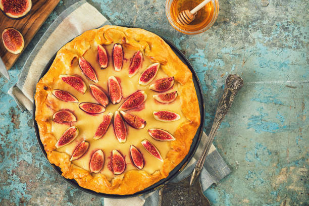 istock Freshly baked fig galette or open fig pie on rustic background 1342347242