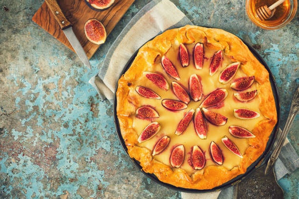 istock Freshly baked fig galette or open fig pie on rustic background 1342347249