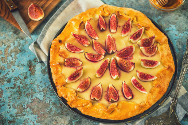 istock Freshly baked fig galette or open fig pie on rustic background 1342347256