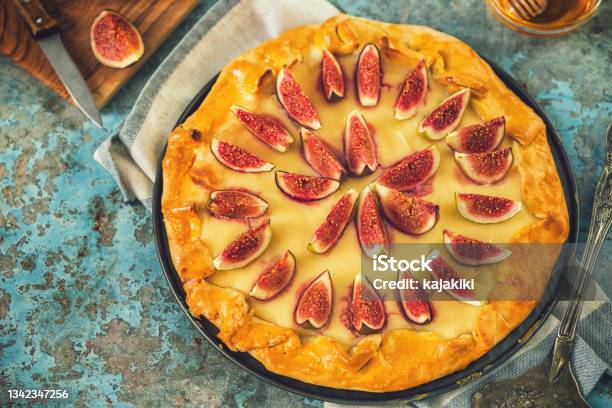 Freshly Baked Fig Galette Or Open Fig Pie On Rustic Background Stock Photo - Download Image Now