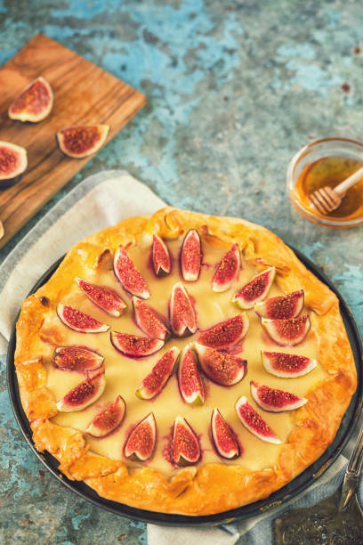 istock Freshly baked fig galette or open fig pie on rustic background 1342347257