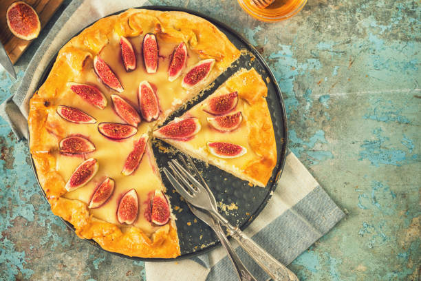 istock Freshly baked fig galette or open fig pie on rustic background 1342347260