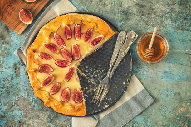 istock Freshly baked fig galette or open fig pie on rustic background 1342347265