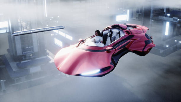 istock young girl on a flying car in the over clouds. Future concept. 3d rendering. 1342349986