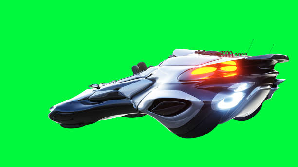 istock Futuristic sci fi flying car with girl. Green screen isolate. 3d rendering. 1342350004