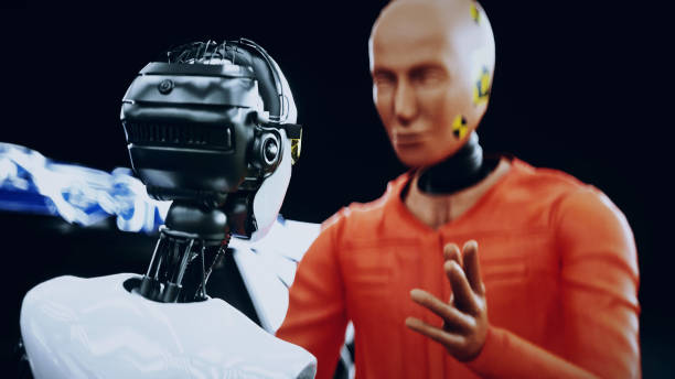 istock Robot crash test dummy and female robot. Future concept. 3d rendering. 1342350274