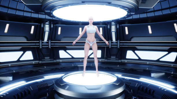 istock Female robotic droid in sci fi futuristic metall room. Future concept. 3d rendering. 1342350956
