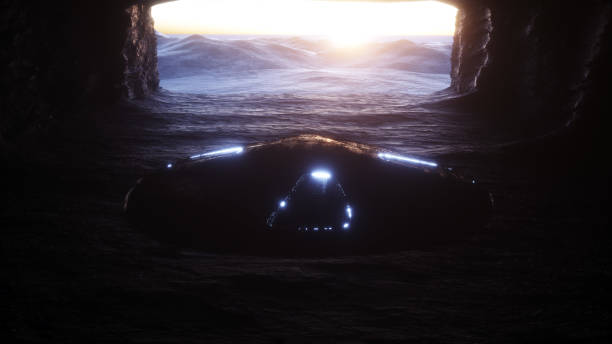 istock Futuristic old sci fi ship flying in rock cave. Future concept. 3d rendering. 1342351019