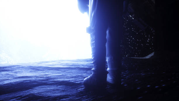 istock Alone astronaut in space rock cave. Space view. 3d rendering. 1342351058
