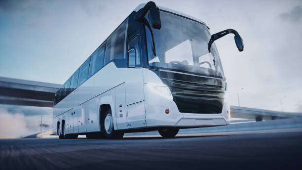 istock Touristic passenger bus on highway. Very fast driving. Tourism concept. 3d rendering. 1342351208