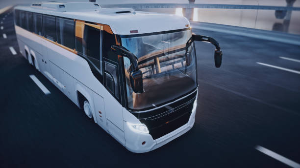 istock Touristic passenger bus on highway. Very fast driving. Tourism concept. 3d rendering. 1342351231