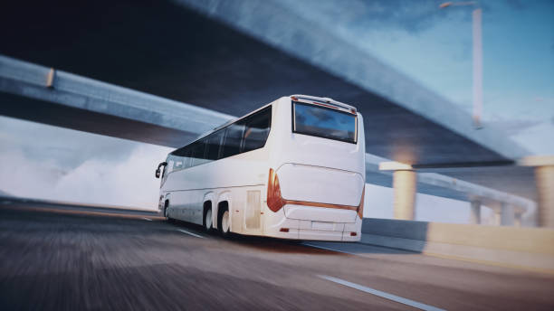 istock Touristic passenger bus on highway. Very fast driving. Tourism concept. 3d rendering. 1342351256