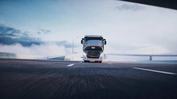 istock Touristic passenger bus on highway. Very fast driving. Tourism concept. 3d rendering. 1342351326