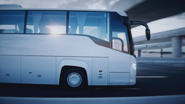 istock Touristic passenger bus on highway. Very fast driving. Tourism concept. 3d rendering. 1342351338