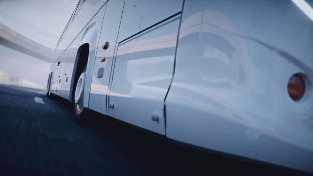 istock Touristic passenger bus on highway. Very fast driving. Tourism concept. 3d rendering. 1342351349