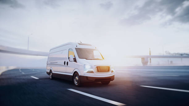 istock White delivery van on highway. Very fast driving. Delivery concept. 3d rendering. 1342351424