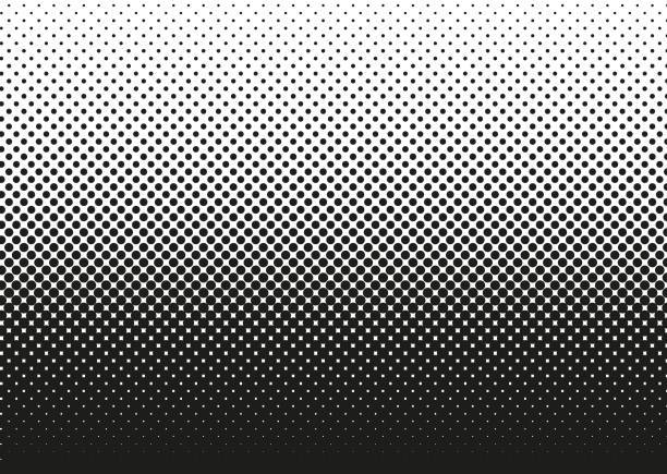 Half tone horizontal pattern. Pop art dots background. Vector illustration. Halftone dotted pattern. Pop art gradient background with circles. Comic half tone texture. Abstract cover design. Monochrome vector illustration. Optical effect with spot. Creative black white banner half tone stock illustrations