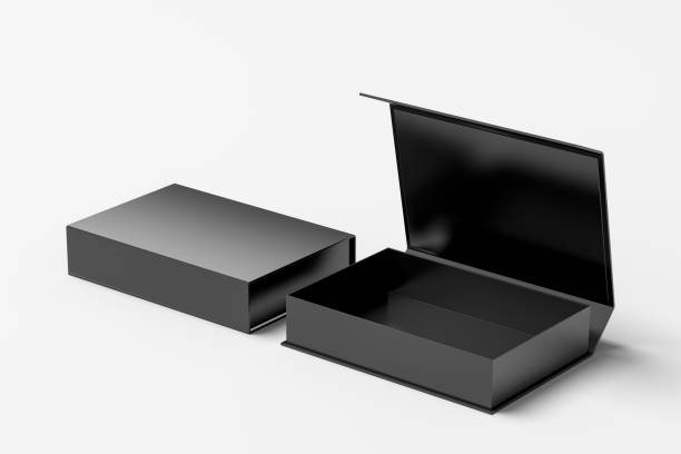 istock Black opened and closed rectangle folding gift box mock up on white background. Side view. 1342353407