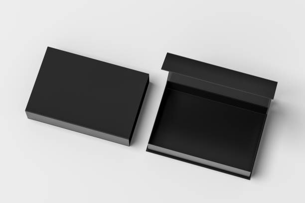 istock Black opened and closed rectangle folding gift box mock up on white background. View above. 1342353409