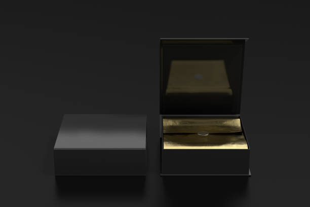 istock Black opened and closed square folding gift box mock up with gold wrapping paper on black background. Front view. 1342353438