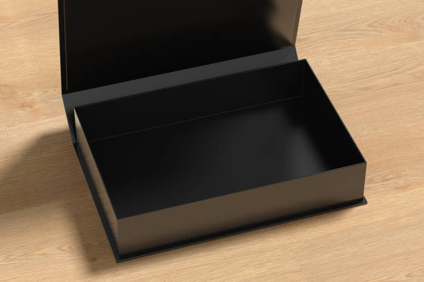 istock Black opened rectangle folding gift box mock up on wooden background. Side view. 1342353470