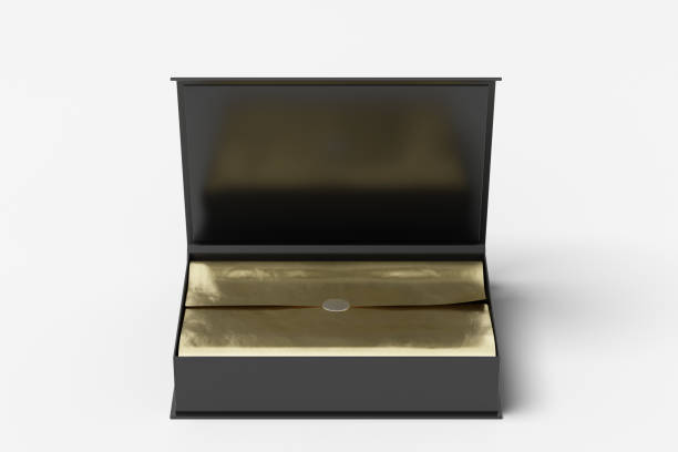 istock Black opened rectangle folding gift box mock up with gold wrapping paper on white background. Front view. 1342353483