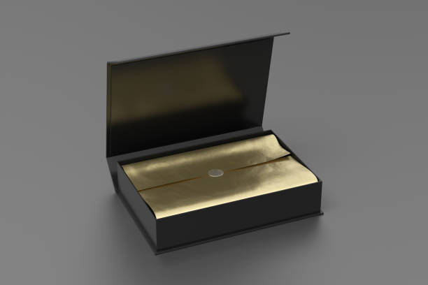 istock Black opened rectangle folding gift box mock up with gold wrapping paper on gray background. Side view. 1342353485